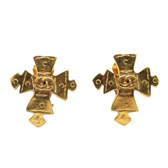 CHANEL CC Logos Cross Clip-On Earrings Gold Tone 94P Auth w/Box #12234 - Picture 1 of 4